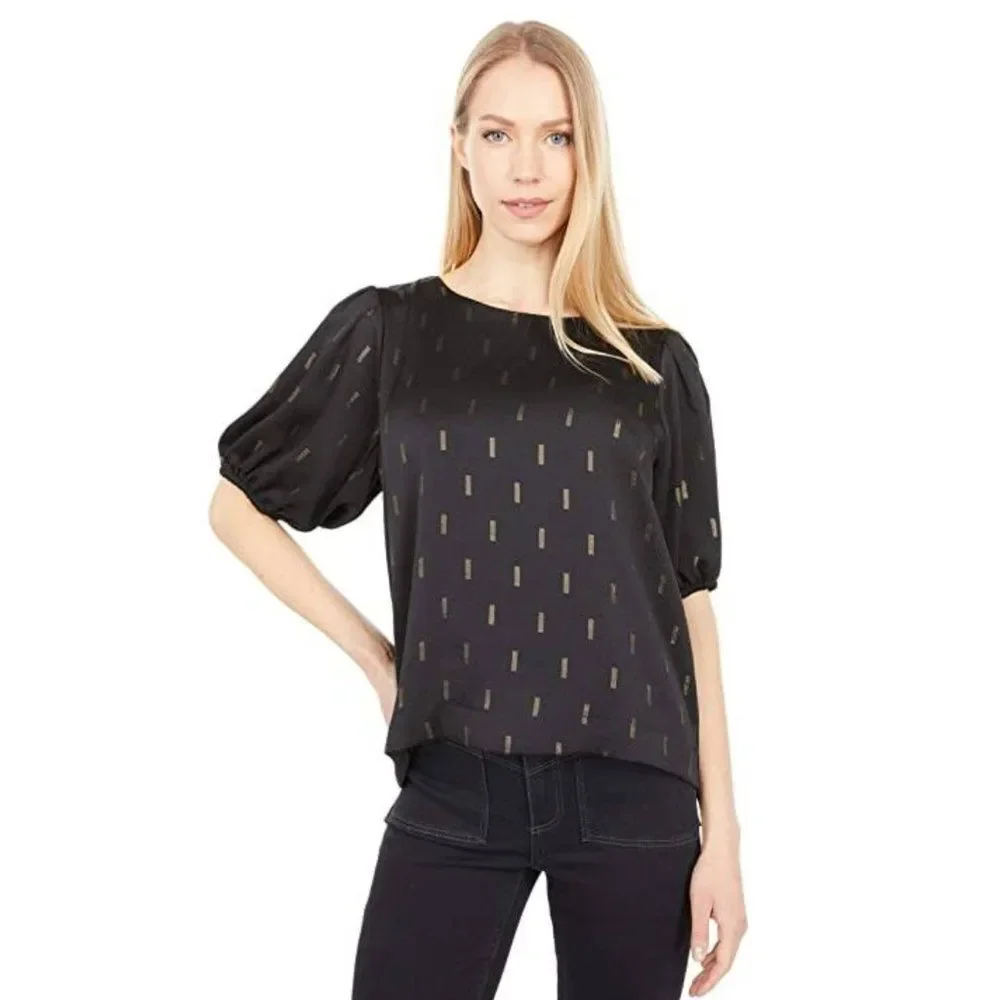 Madewell Black/Gold Metallic Jacquard Puff-Sleeve Blouse Excellent!! XS